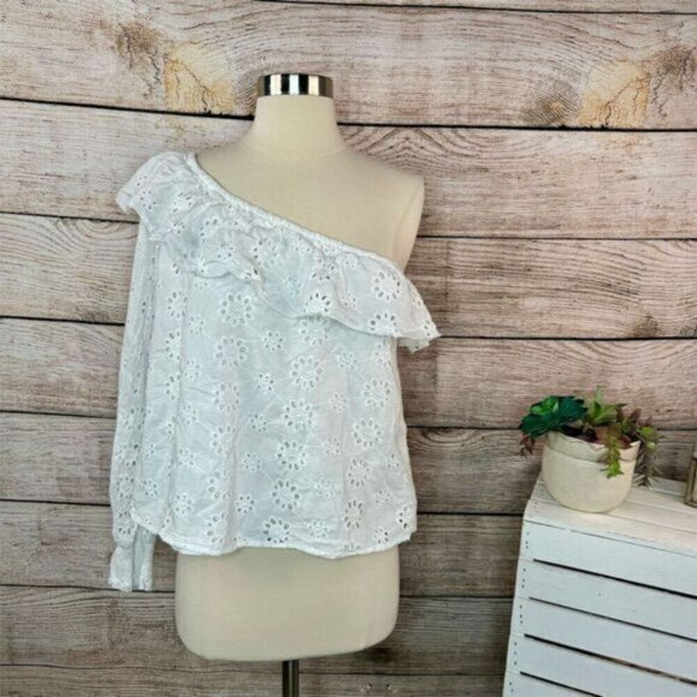 SENLIS Women's One Shoulder Eyelet Embroidery Ruffle‎ Trim Blouse White Small